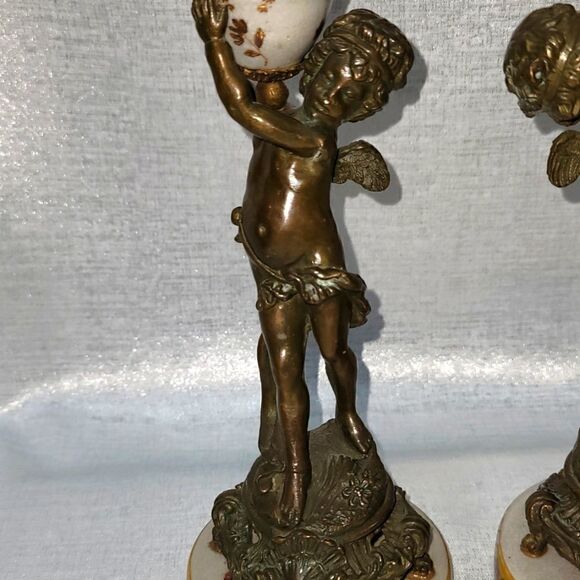 Pair Of Vintage Beautiful Bronze Signed Asian Cherub Sculptures - Picture 3 of 15